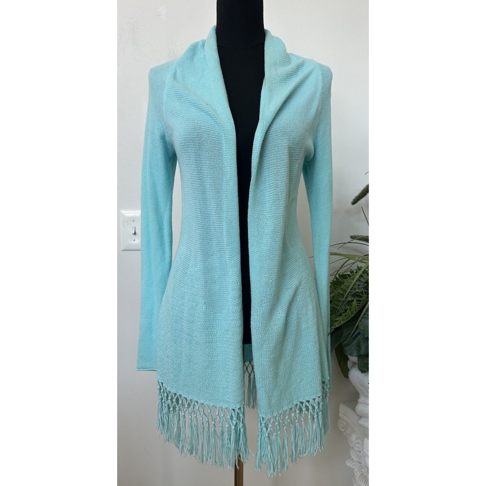 Lilly Pulitzer Tatum Open Front Fringe Cardigan Sweater Cotton Blue Beach Sz S